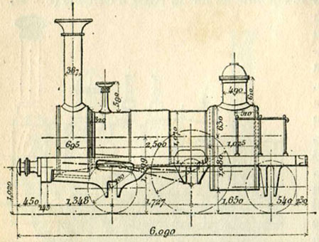 Fig. 5. - Locomotive à essieux indépendants de Buddicom, construite en 1843 pour le chemin de fer de Paris à Rouen. Surface de grille, 0,87 m² ; diamètre des cylindres, 317 mm ; course des pistons, 534 mm ; poids de la machine en service, 14 700 kg.