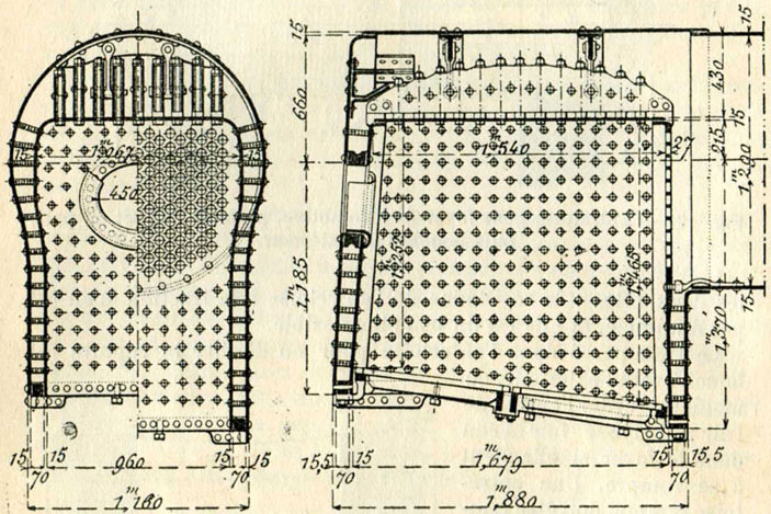 Fig. 22. - Foyer avec fermes longitudinales, rattachées au berceau cylindrique de la boîte à feu. (D'après M. Demoulin.)
