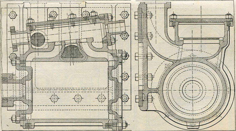 Fig. 102. - Cylindre extérieur des locomotives de gare n<SUP>os</SUP> 0.901 à 0.958 des chemins de fer de l'Est, avec tige de tiroir inclinée.
