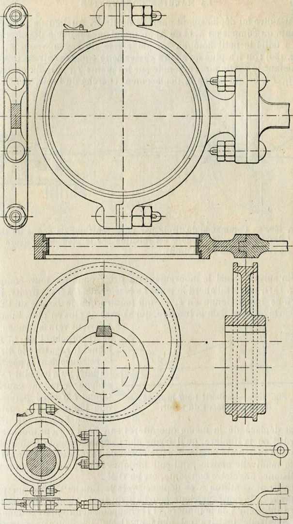 Fig. 148. - Excentrique, collier et barre d'excentrique ; au-dessus, détails du collier et de l'excentrique.