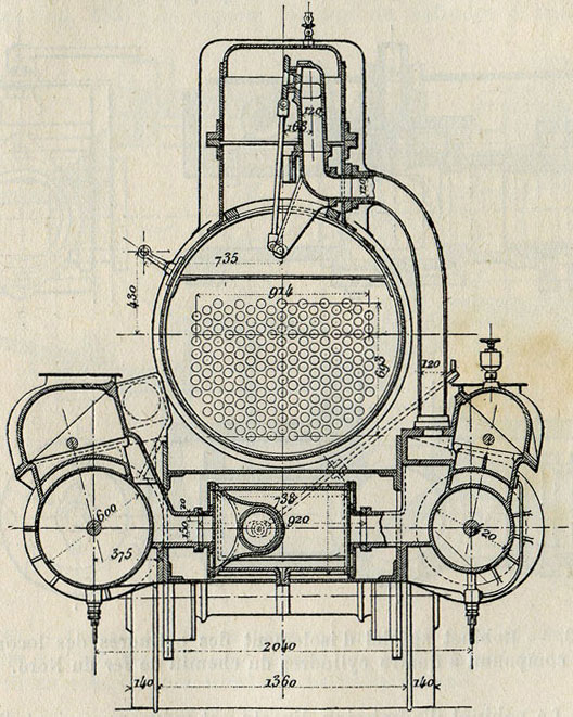 Fig. 192. - Locomotive compound express de l'État prussien ; coupe transversale par les cylindres, avec valve d'interception.