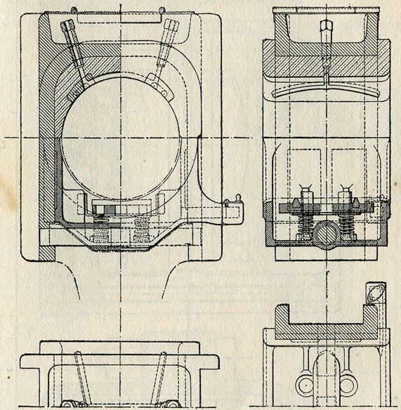 Fig. 221. - Boîte à huile des roues motrices et accouplées des locomotives n<SUP>os</SUP> 3401 à 3415 des chemins de fer de l'Est. Le graissage se fait par des mèches à la partie supérieure et par un tampon à la partie inférieure.