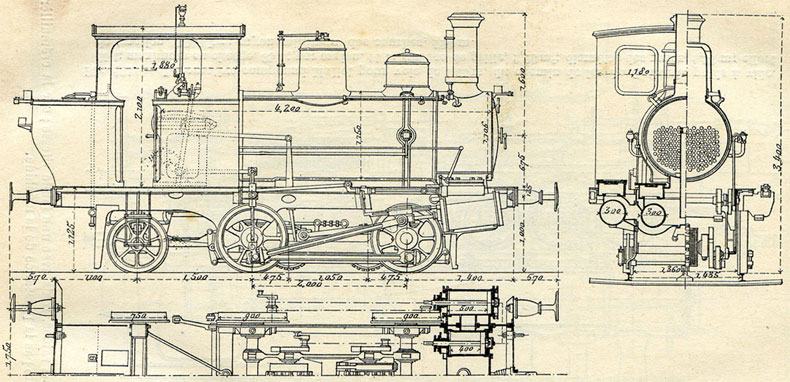 Fig. 295. - Locomotive à crémaillère, avec mécanismes séparés pour les roues couplées et pour les roues dentées engrenant sur la crémaillère.